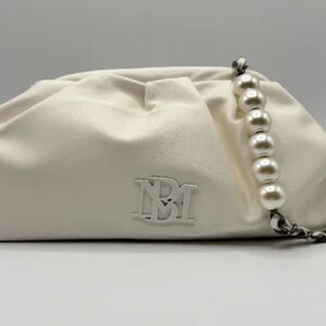 Badgley Mischka wrapped frame, vegan leather white crossbody bag w/ pearl strap